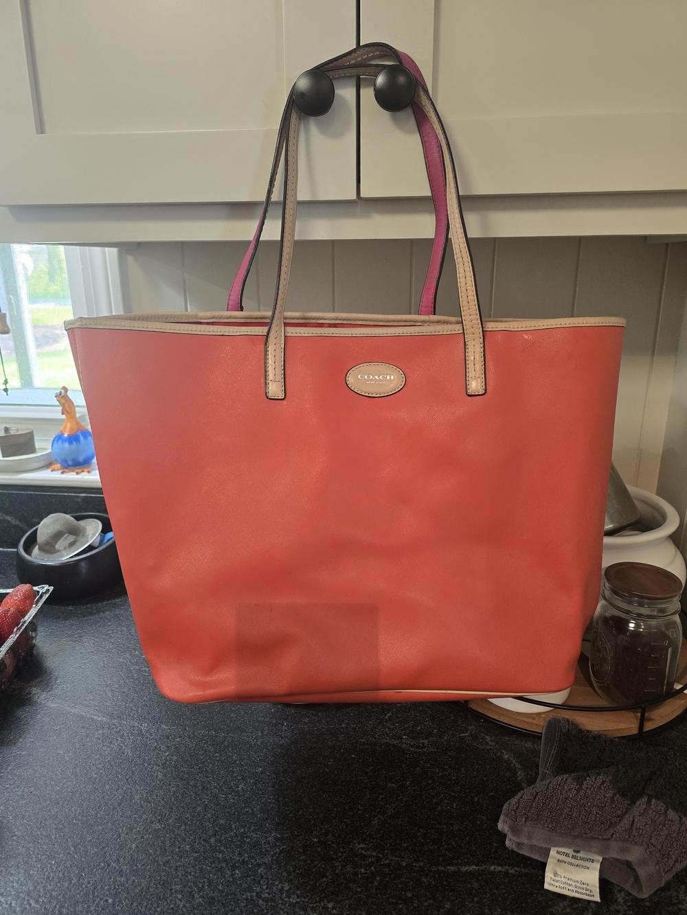 Coach Coral Leather Tote with Pink-Trim Handles